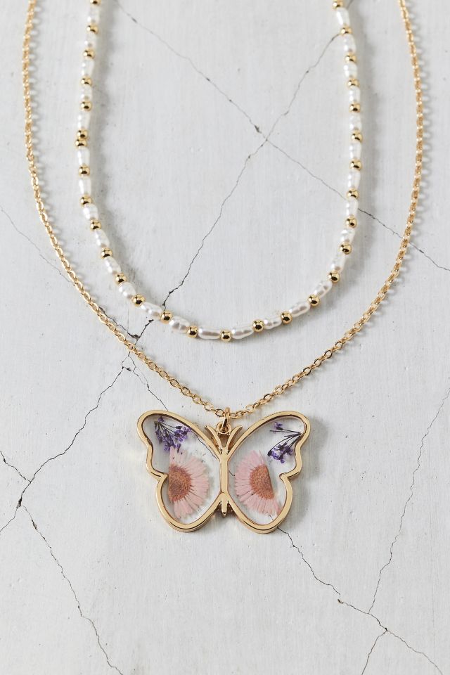 Mariposa Butterfly Pendant Pearl Layering Necklace Set #1
