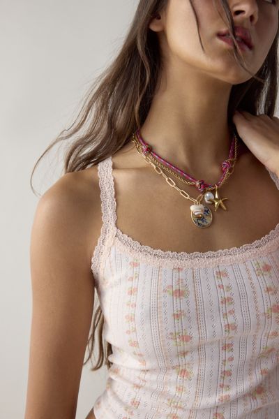 Urban Outfitters Seaside Corded Pearl Layering Charm Necklace Set In Gold/red/pearl, Women's At  In Gold/red/pearl