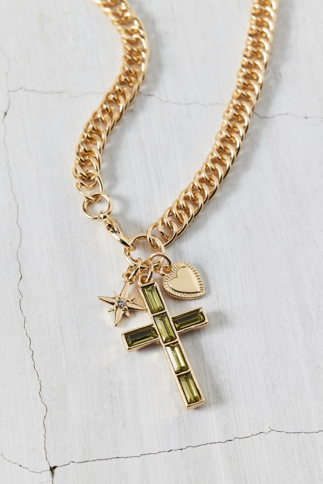 Florence Gem Cross Pendant Curb Chain Necklace #1