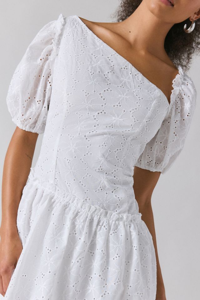 Rare London White Broderie Asymmetric Puff-Sleeve Mini Dress #1