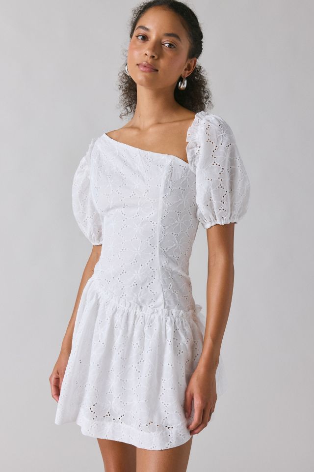 Rare London White Broderie Asymmetric Puff-Sleeve Mini Dress #2