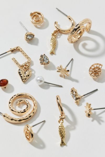 Urban Outfitters Coastal Charm Post And Hoop Earring Set In Gold, Women's At  In Gold
