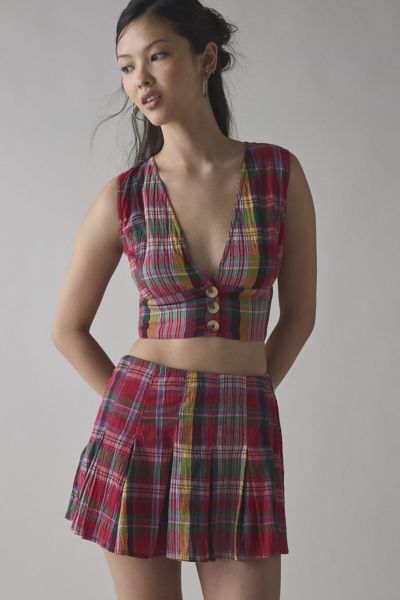 BDG PICNIC PLAID VEST TOP + MINI SKORT SET IN RED PLAID, WOMEN'S AT URBAN OUTFITTERS 