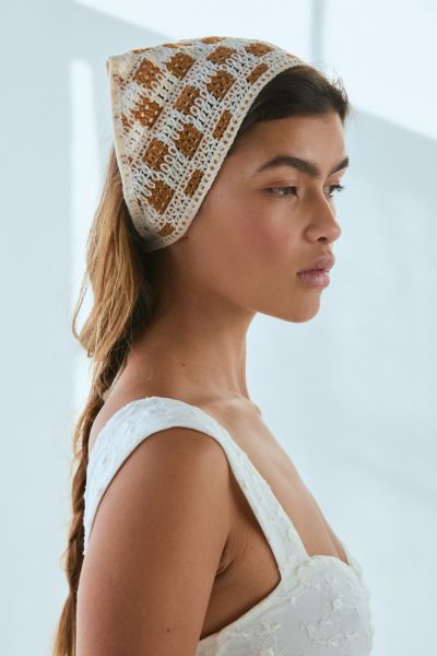 Urban Outfitters Valerie Checkered Crochet Triangle Headscarf In Taupe Checkerboard, Women's At  In Taupe Checkerboard