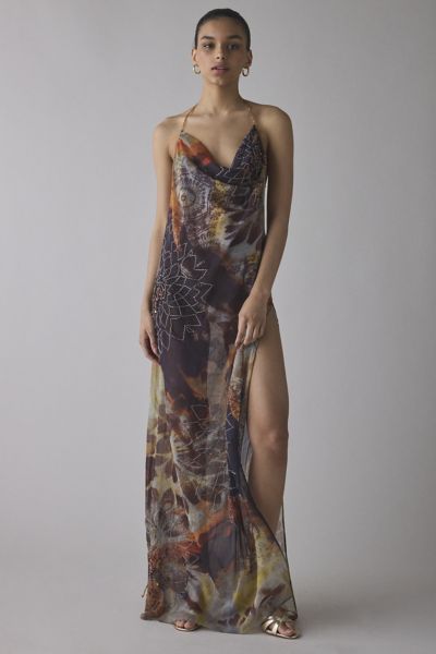 Jaded London Dahlia Cowl Neck Hand-beaded Chiffon Maxi Dress In Dahlia, Women's At Urban Outfitters In Dahlia