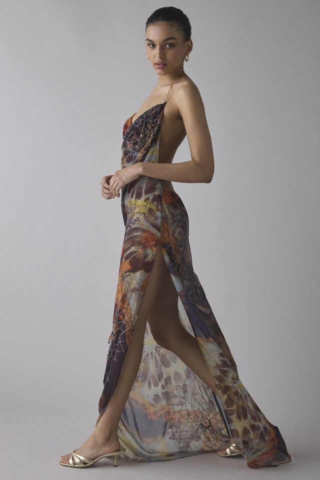 Jaded London Dahlia Cowl Neck Hand-Beaded Chiffon Maxi Dress #3