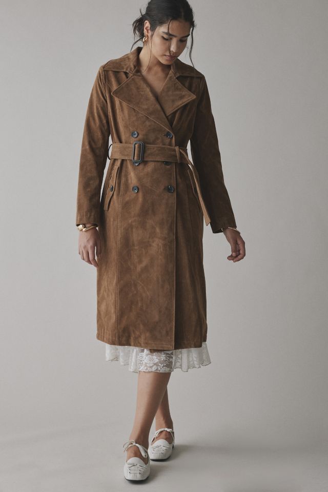 Avec Le Filles Double-Breasted Faux Suede Belted Trench Coat #3