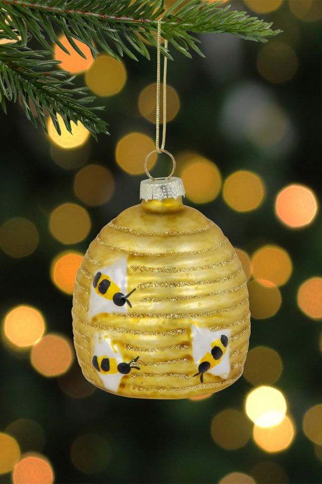 Glittered Beehive Glass Ornament #1