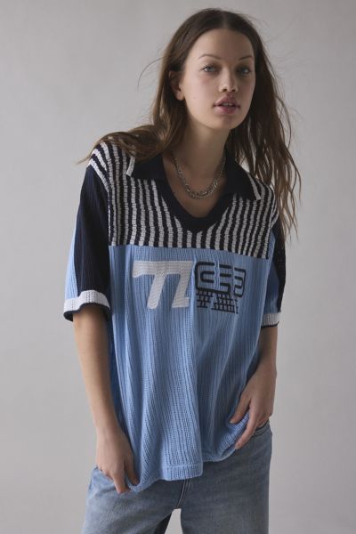 BDG SWANSON 77 EMBROIDERED GRAPHIC PRINT KNIT POLO TOP IN BLUE COMBO, WOMEN'S AT URBAN OUTFITTERS 