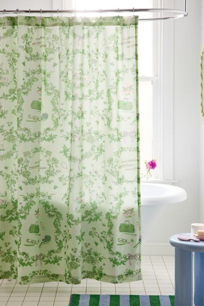 Urban Outfitters Preppy Toile Patterned Shower Curtain In Green At
