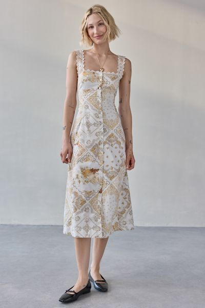 Kimchi Blue Martina Lace Trim Button-Front Midi Dress
