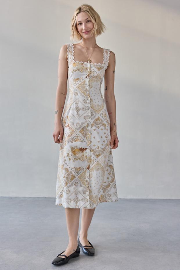Kimchi Blue Martina Lace Trim Button-Front Midi Dress