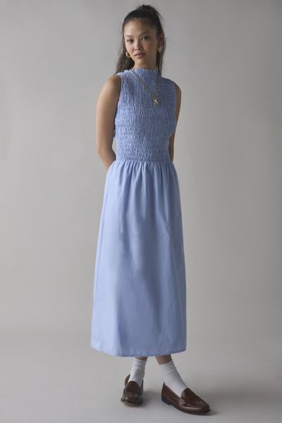 KISS THE SKY HIGH-NECK SMOCKED SLEEVELESS MAXI DRESS IN LIGHT BLUE, WOMEN'S AT URBAN OUTFITTERS 