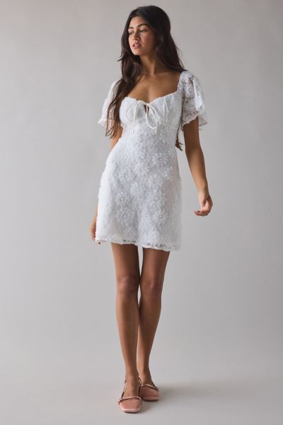 Kiss The Sky Textured Floral Mini Dress In Ivory, Women's At Urban Outfitters