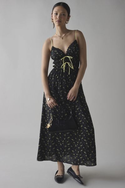 KISS THE SKY BOW-FRONT SMOCKED MAXI DRESS IN BLACK, WOMEN'S AT URBAN OUTFITTERS 