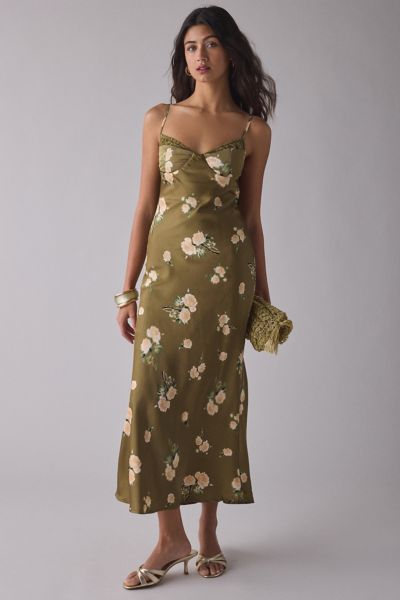 KISS THE SKY FLORAL SATIN BUSTIER SLIP MIDI DRESS IN GREEN GROUND FLORAL, WOMEN'S AT URBAN OUTFITTERS 