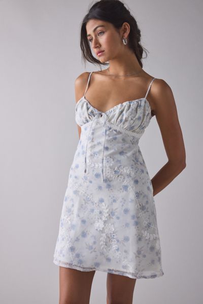 Kiss The Sky Floral Lace Tie-front Slip Mini Dress In Blue Floral, Women's At Urban Outfitters In White