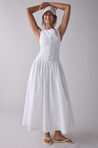 Kiss The Sky Boatneck Button-Front Drop Waist Midi Dress