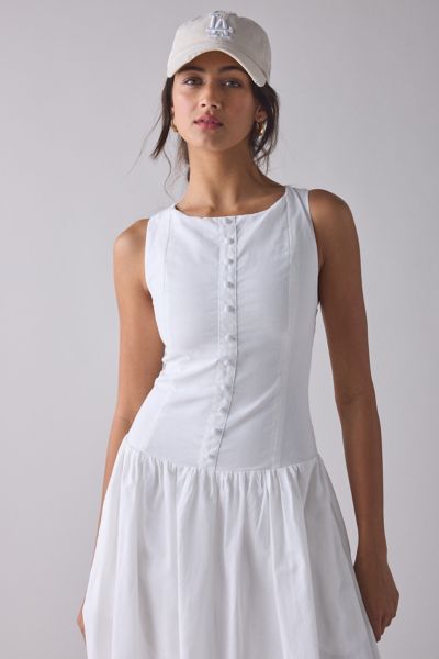 Kiss The Sky Boatneck Button-Front Drop Waist Midi Dress