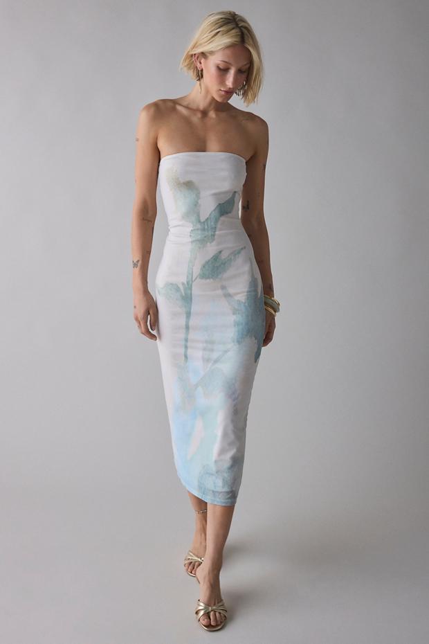 Motel Rosbandi Abstract Painted Floral Mesh Strapless Midi Dress