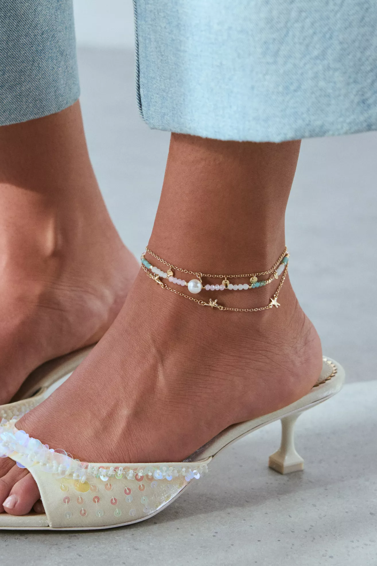 Aquamarine Beaded Charm Anklet Set