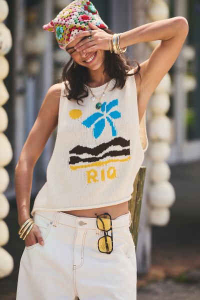 BDG CAPRI DESTINATION GRAPHIC KNIT VEST TOP JACKET IN RIO, WOMEN'S AT URBAN OUTFITTERS 