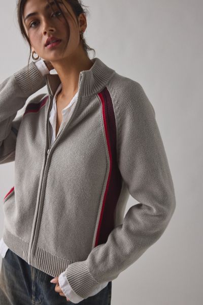 Obey Lizzie Zip-front Mock Neck Sweater In Oatmeal Heather, Women's At Urban Outfitters In Gray