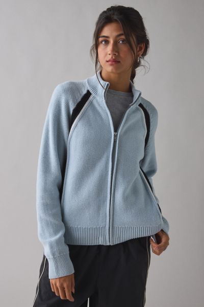 Obey Lizzie Zip-front Mock Neck Sweater In Light Blue, Women's At Urban Outfitters In Blue