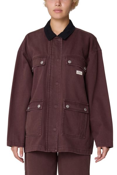Obey Fritz Oversized Denim Barn Jacket In Chocolate Faded Wash, Women's At Urban Outfitters In Burgundy