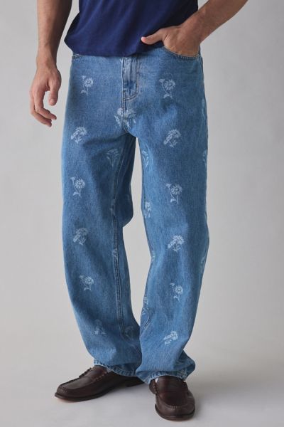 BDG FLORAL PATTERN BAGGY SKATE FIT JEAN IN DEEP BLUE/DAISY, MEN'S AT URBAN OUTFITTERS 