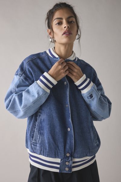 Shop Starter Colorblock Denim Varsity Bomber Jacket In Mixed Wash, Women's At Urban Outfitters