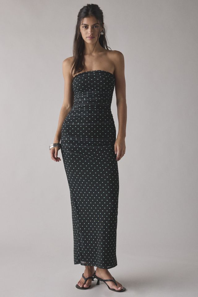 AFRM Marlo Green Dot Printed Mesh Strapless Mesh Midi Dress #1