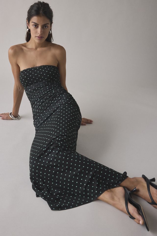 AFRM Marlo Green Dot Printed Mesh Strapless Mesh Midi Dress #4