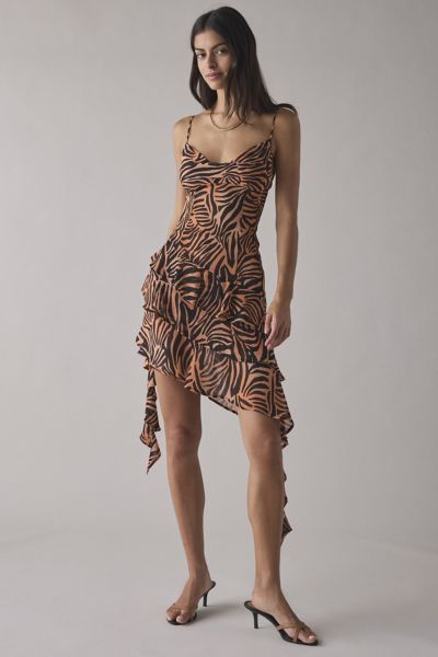 AFRM Ashmont Tiger Print Mesh Cascading Ruffle Mini Dress