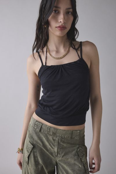 BDG OCEAN BOULEVARD CINCHED HALTER LAYERED TANK TOP IN BLACK, WOMEN'S AT URBAN OUTFITTERS 