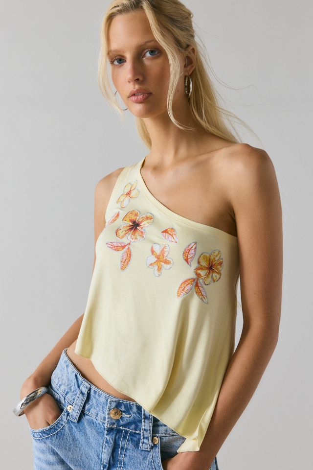 UO Glitter Floral Graphic One-Shoulder Asymmetrical Top #1