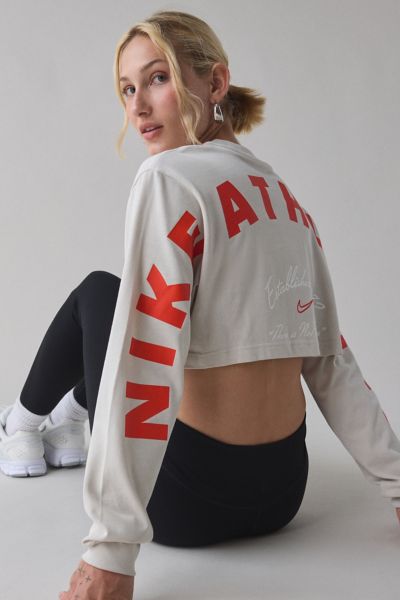 Nike Sportswear Graphic Oversized Long Sleeve Cropped Tee In Light Bone, Women's At Urban Outfitters In Multi
