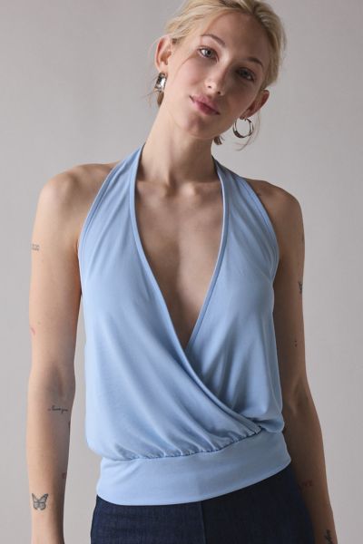BDG SAVANNAH WRAP-FRONT CUPRO HALTER TOP IN LIGHT BLUE, WOMEN'S AT URBAN OUTFITTERS 