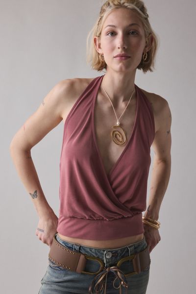 BDG SAVANNAH WRAP-FRONT CUPRO HALTER TOP IN ROSE, WOMEN'S AT URBAN OUTFITTERS 