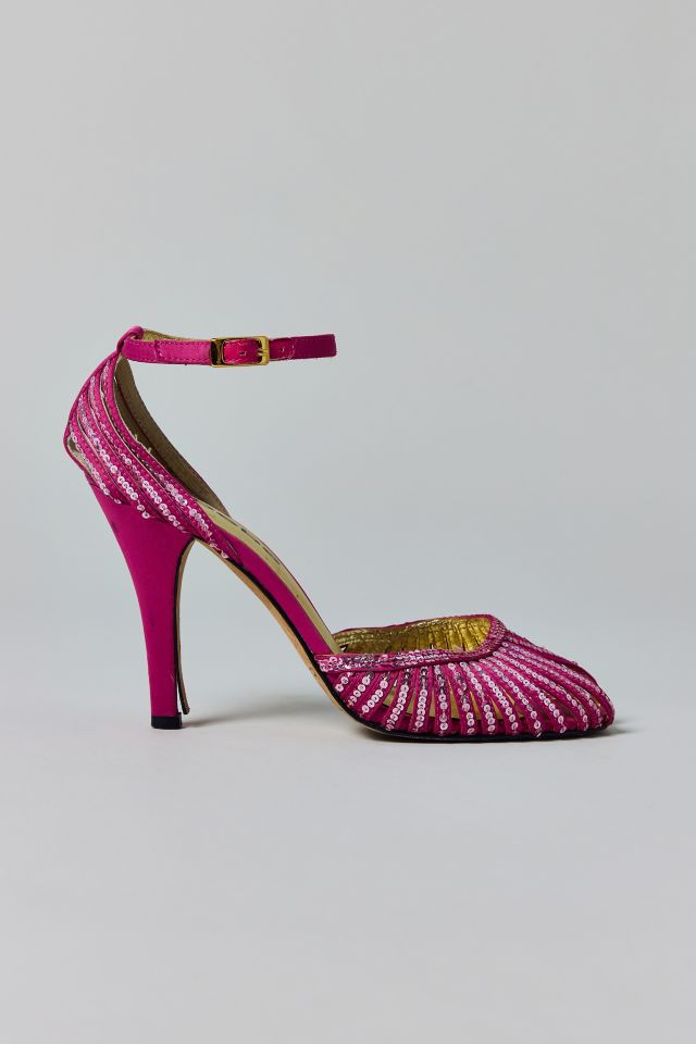 Vintage Pink Sequin Ankle Strap Stiletto Size 6 Prom Shoe #1