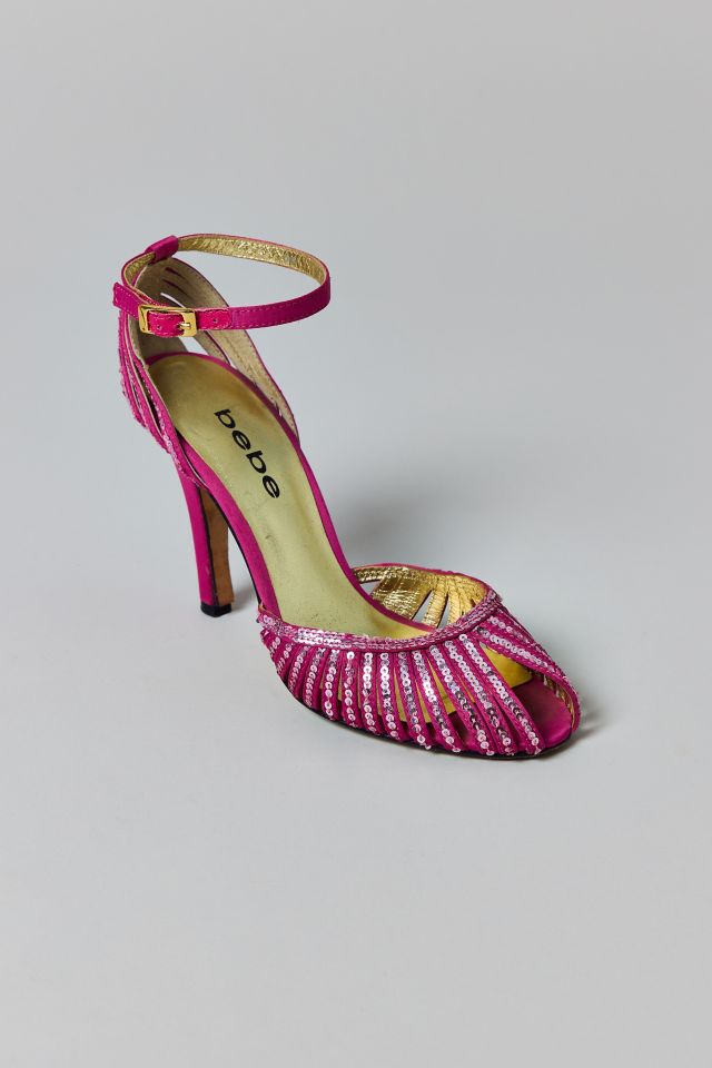 Vintage Pink Sequin Ankle Strap Stiletto Size 6 Prom Shoe #2