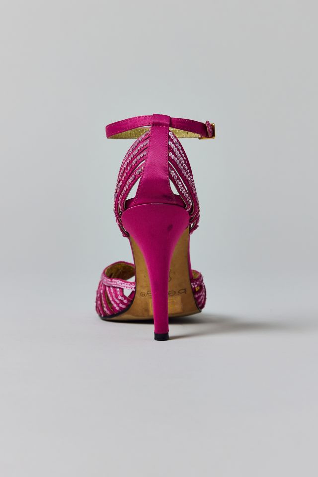 Vintage Pink Sequin Ankle Strap Stiletto Size 6 Prom Shoe #3