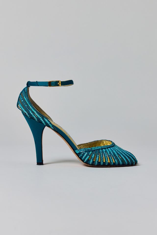 Vintage Blue Sequin Ankle Strap Stiletto Size 8 Prom Shoe #1