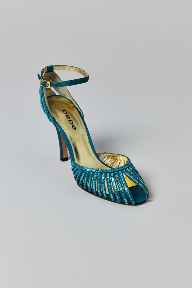 Vintage Blue Sequin Ankle Strap Stiletto Size 8 Prom Shoe #2