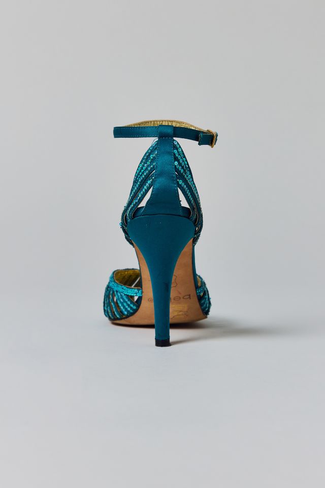 Vintage Blue Sequin Ankle Strap Stiletto Size 8 Prom Shoe #3