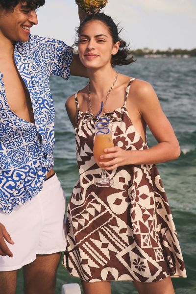 Bdg Eva Tie-front Ruched Strap Trapse Mini Dress In Brown, Women's At Urban Outfitters