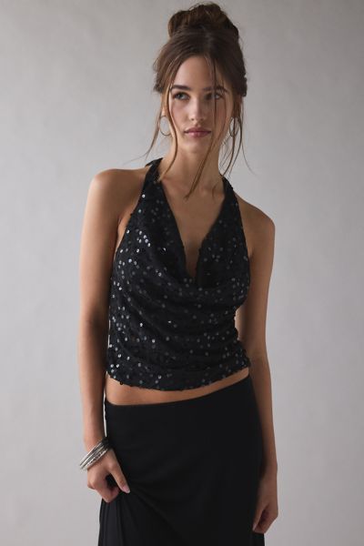 UO Cynthia Sequin Plunging Cowl Neck Halter Top