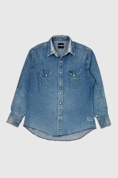 Vintage 1990’s Wrangler Thrashed & Faded Denim Western Pearl Snap Shirt