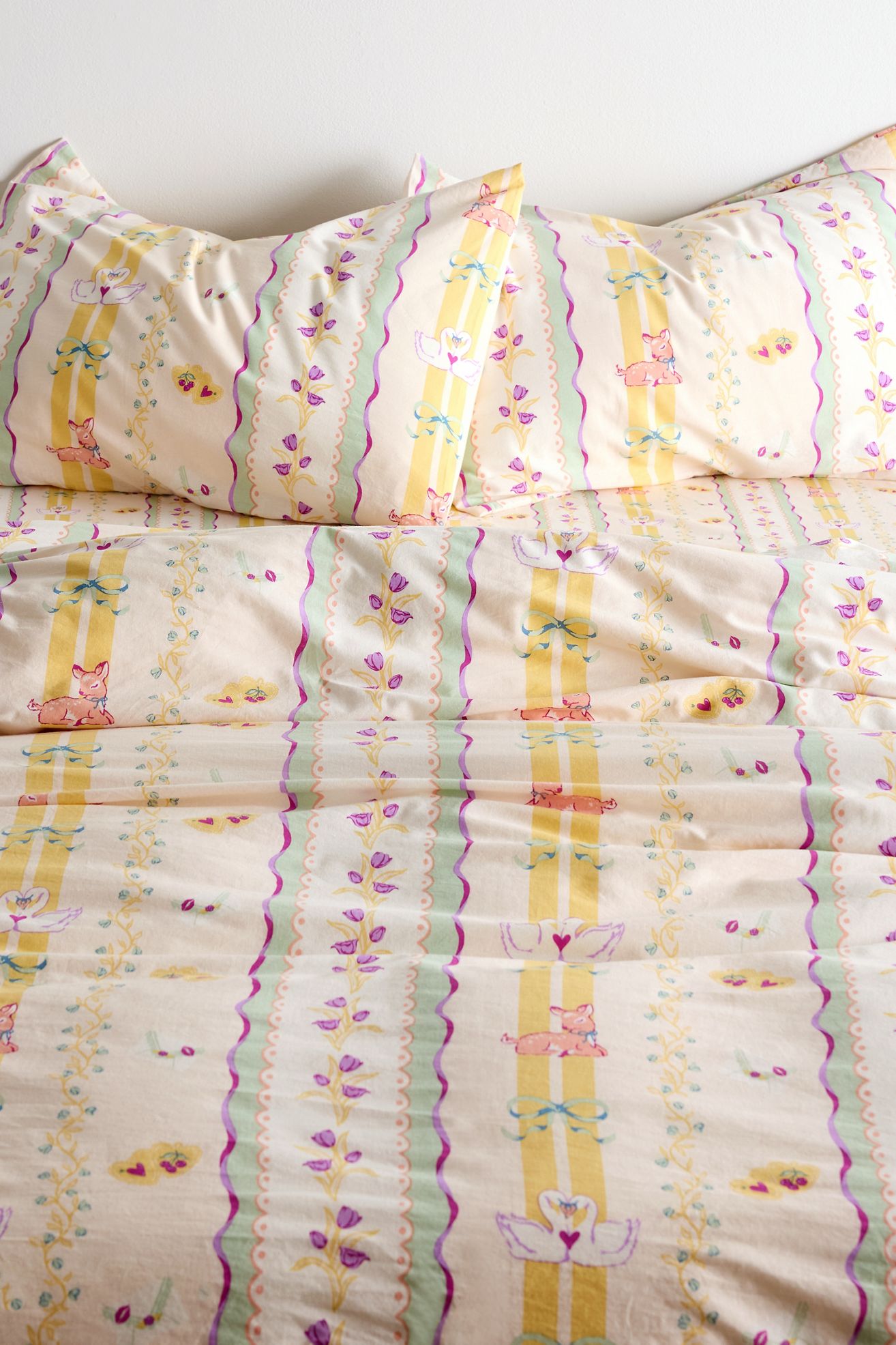 Molly Floral Striped Patterned Duvet Cover Set - Yellow, KING