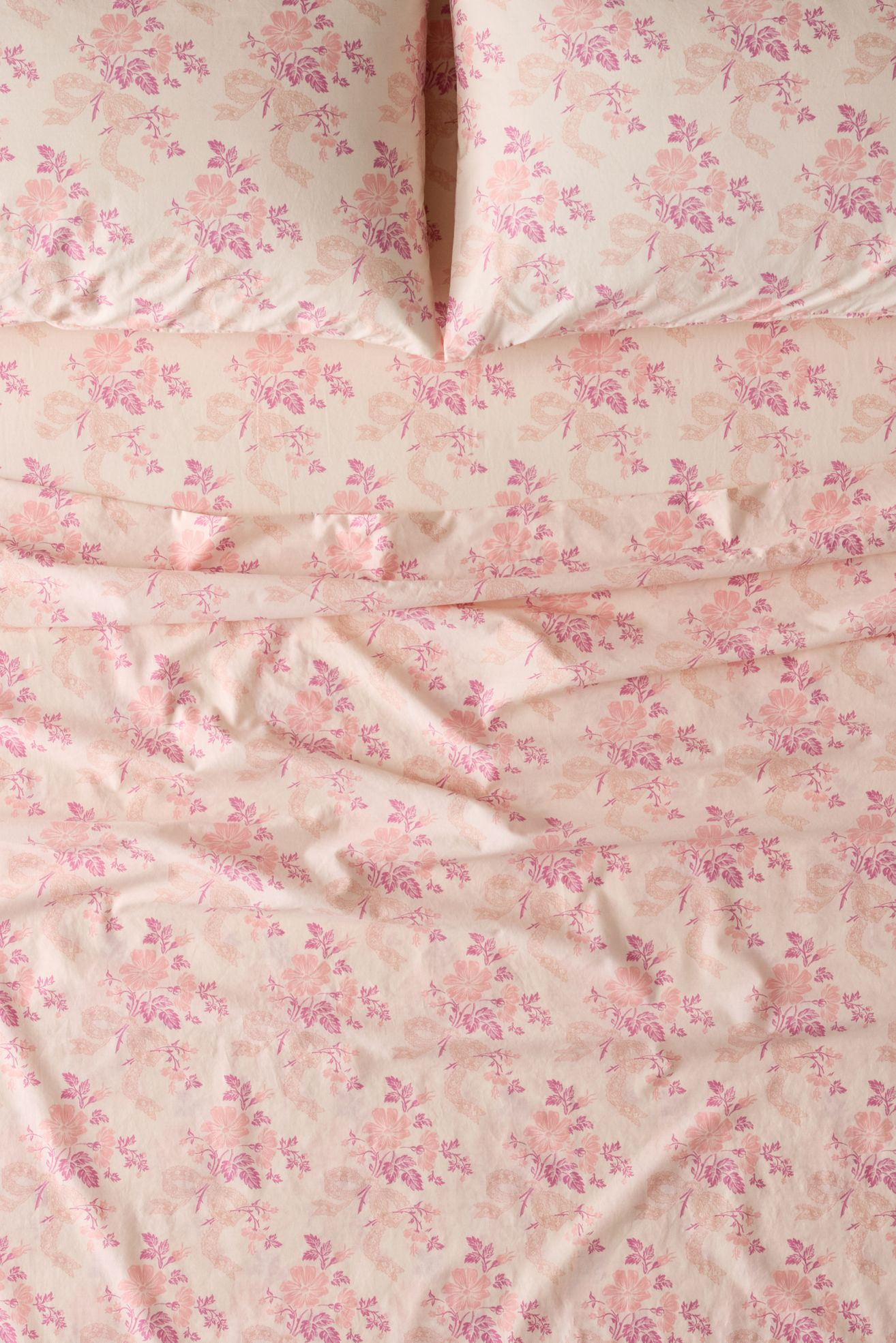 Juliette Floral Bow Toile Patterned Sheet Set - Rose Milk, Regular, QUEEN